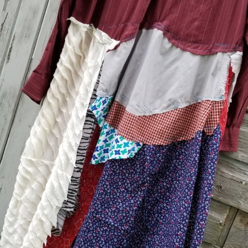 Boho Patchwork Plaid Shirt Dress Upcycled   